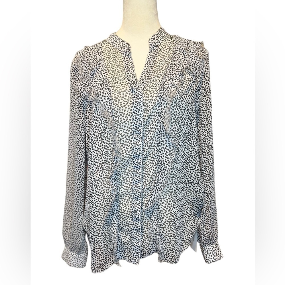 L’AGENCE Black White Print Ruffle Sheer Button Front Blouse Size M